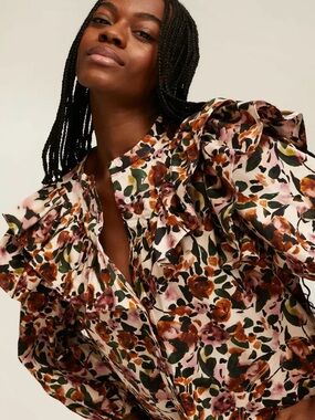 Something Navy Floral Ruffle Blouse in Pink & Brown